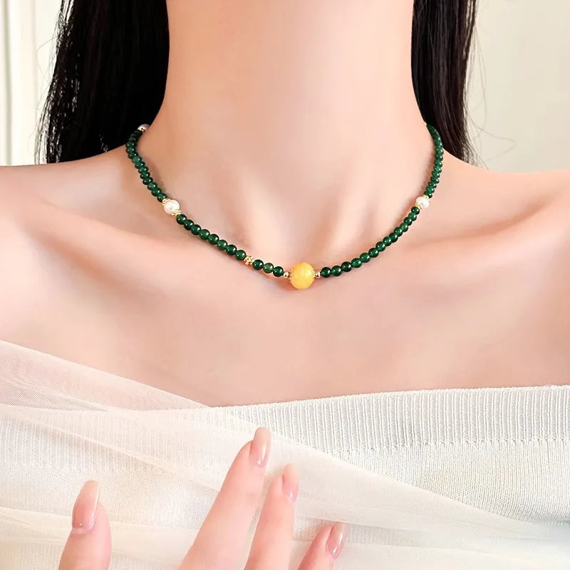 Honey Wax Pearl Necklace, Green Chalcedony Collarbone Chain