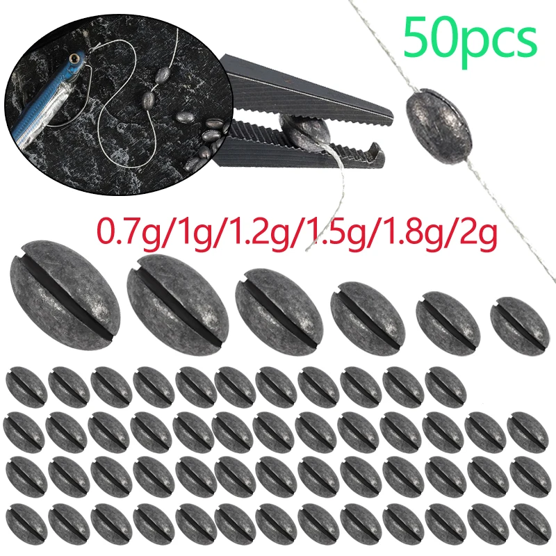 

50pcs Oval Quick Split Shot Sinkers 0.7g/1g/1.2g/1.5g/1.8g/2g Anti-Slip Solid Lead Weights for Raft Fishing Tackle Accessories