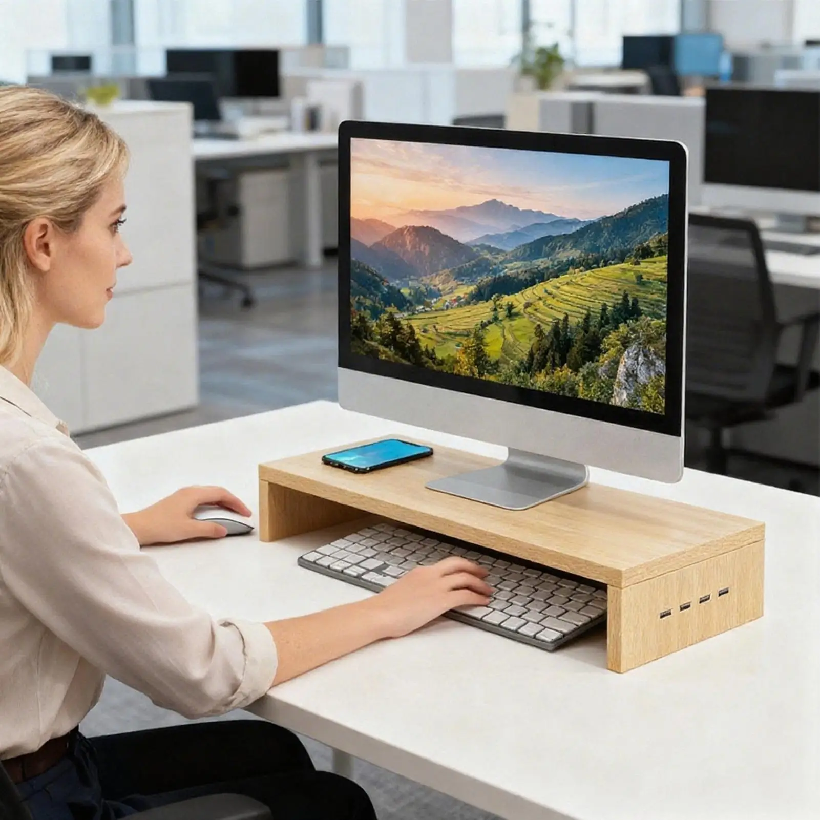 

Monitor Stand Riser Ventilation Shelf Monitor Booster With 4 USB Ports Office Printer Stand Wooden Keyboard Storage Rack