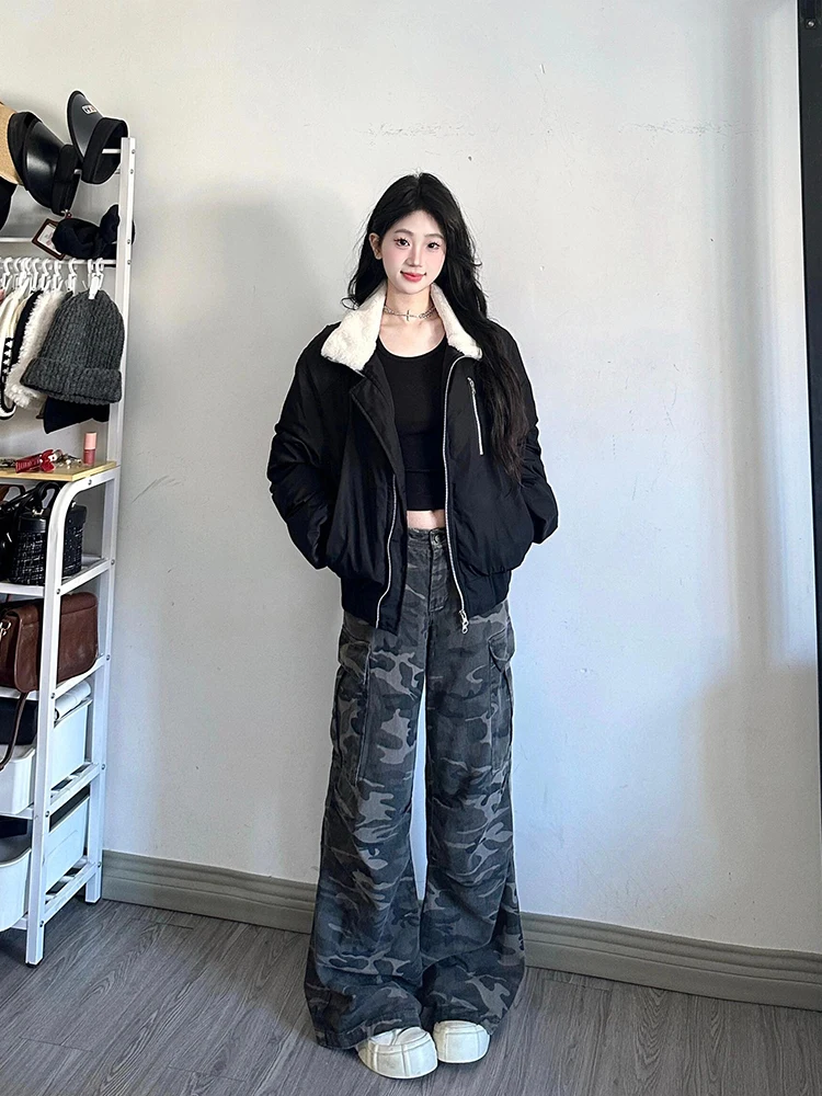 

Американский Sle Ретро Камуфляжная рабочая одежда Джинсы с высокой талией Прямые брюки для похудения длиной до пола Широкие брюки для женщин