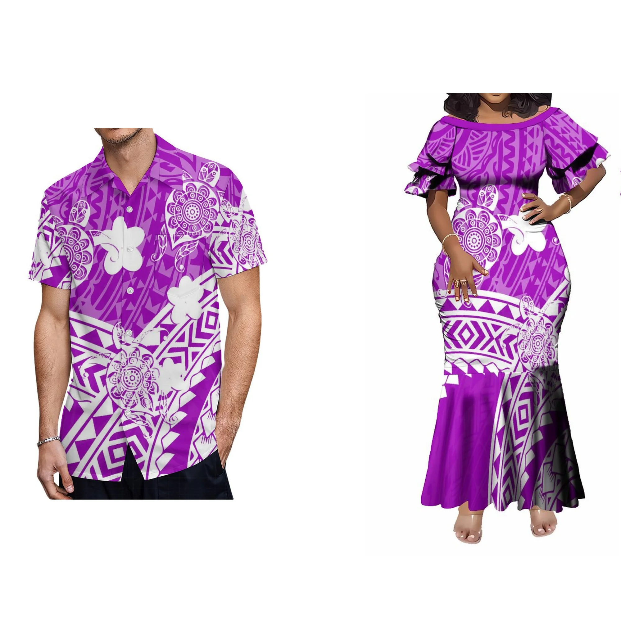 New Design Customized Polynesian Tribal Double Layered Ruffle Sleeve Fishtail Party Dress Plus Size Women Elegant Mermaid Dress