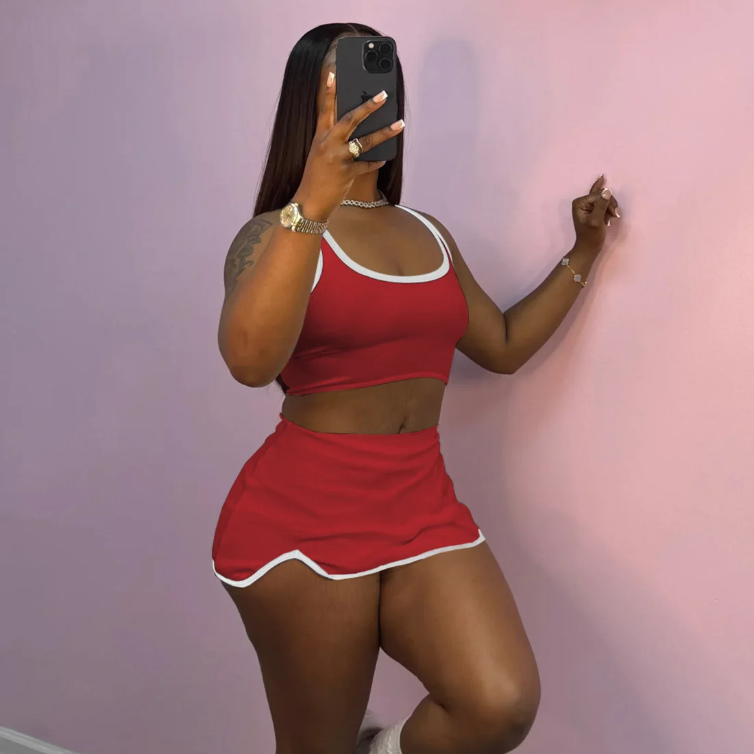 

2025 Autumn Fashion New Women's Fashion Crop Top Solid Color Sexy Hot Girl Short Skirt Set