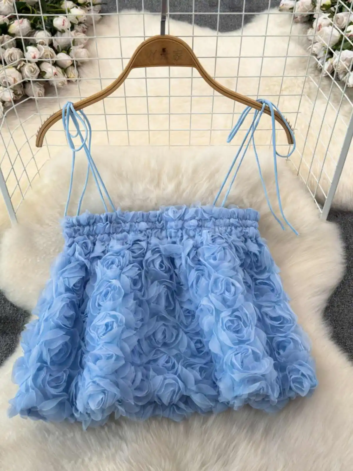 

Women Blue Y2k 2000s Crop Top 90s Vintage 3D Floral Luxury Camisole Off Shoulder Bandage Corset Tops Sleeveless Tank Top Summer