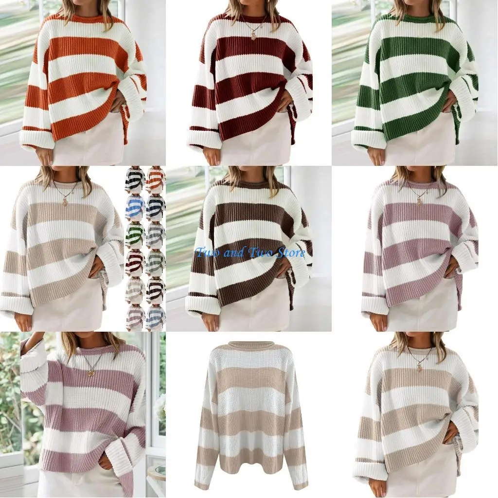 

HX6F Women's Fall Long Sleeve Oversized Loose Neck Knitted Pullover Sweater