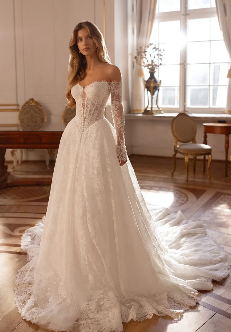 Vestido De Novia Encaje Minimalista Vestidos Feminino Elegante Para Casamento Blanco Boda Civil Manga Larga Basque Waist A Line