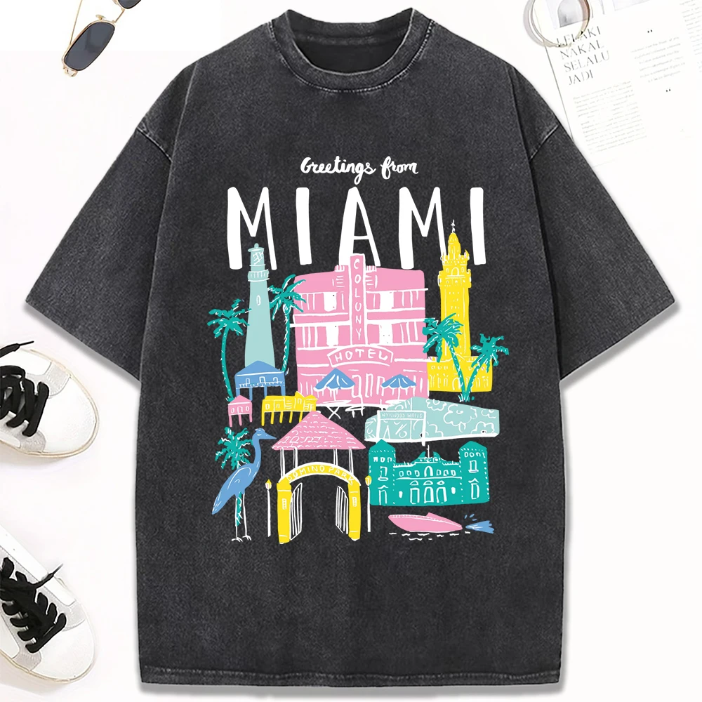 

Женская потертая футболка с принтом «Приветствие из отеля Майами», хлопковые повседневные футболки, спортивные топы Y2K, универсальные мягкие топы с коротким рукавом