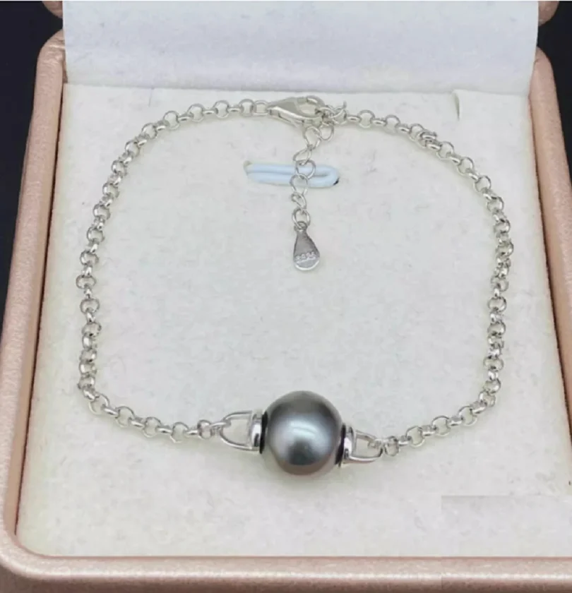 

Ювелирные изделия AAAAA Огромный 10-11 мм круглый браслет с черным жемчугом Южного моря 925s