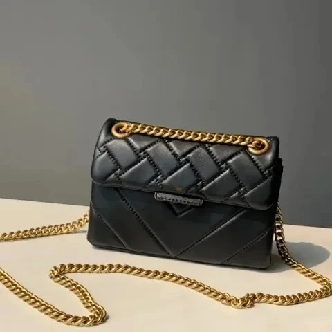 

Women's Black Quilted Leather Shoulder Bag with Gold Chain Fashion Crossbody Bag for Casual & Formal Designer Style Handbag