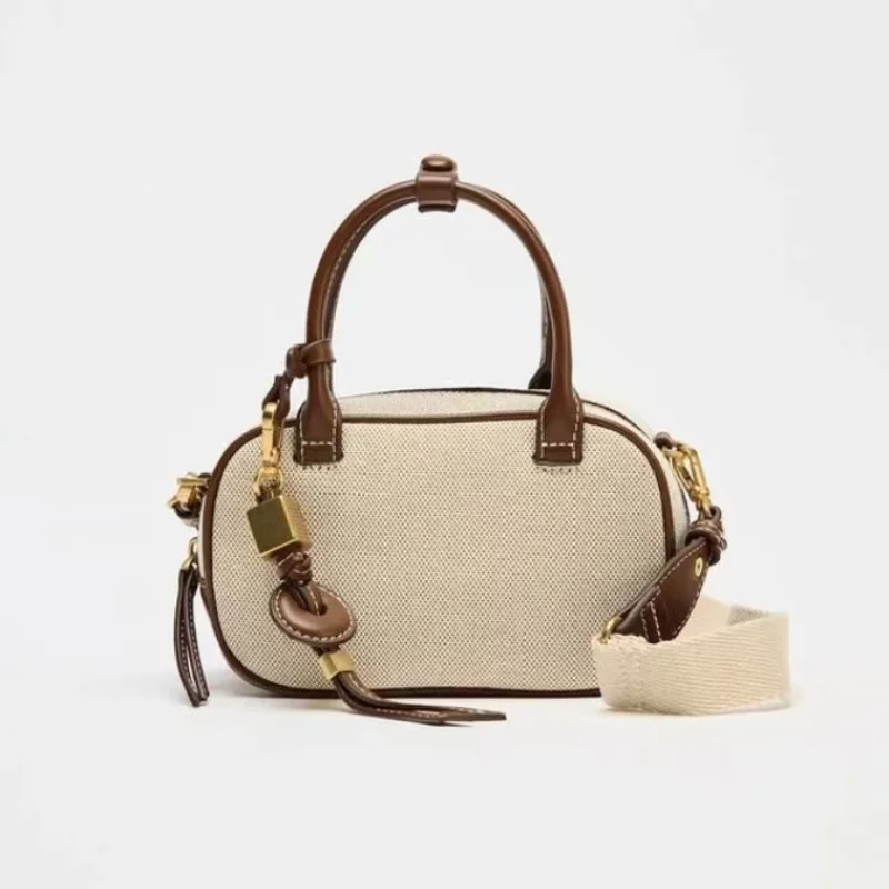 

Luxury Brand Brown Mini Purse Canvas Leather Stitching Fashion Small Square Crossbody Bag Sutures Design Niche Retro Bowling Bag