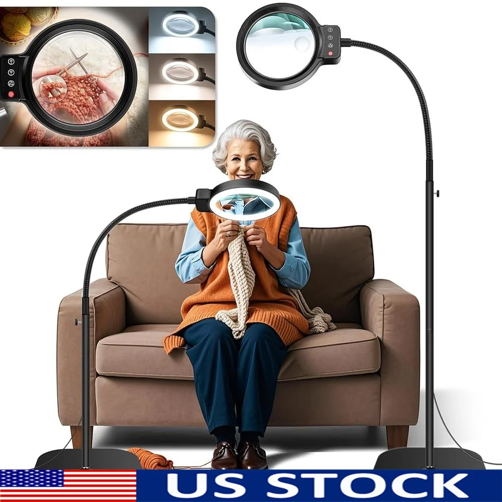 

30X 10X Floor Magnifying Glass with Light Stand 72 LED Adjustable Brightness Gooseneck Lamp Eye Fatigue Relief 2-in-1 Magnifier