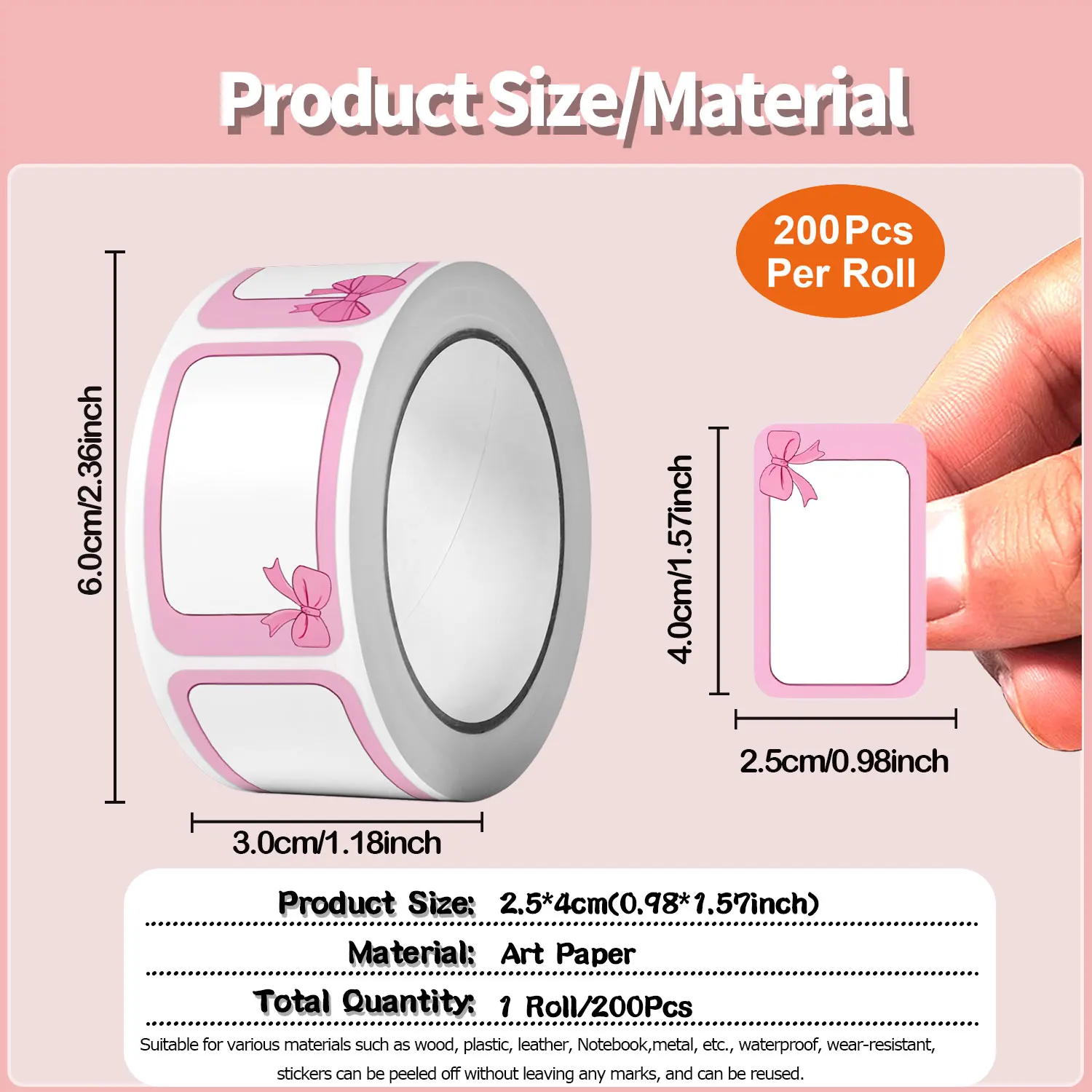 1Roll(200Pcs)6 Pink Bowknots Blank Tips Stickers With Black Erasable Pen 0.98*1.57'' Art Craft Decoration Gift Scrapbook Labels
