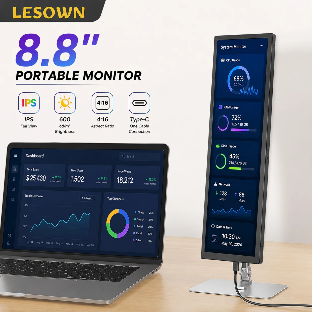 LESOWN 8.8 Inch IPS Capacitive Touch Screen 600cd High Brightness Type-C Temperature Panel, Mini Sub Display for Desktop PC