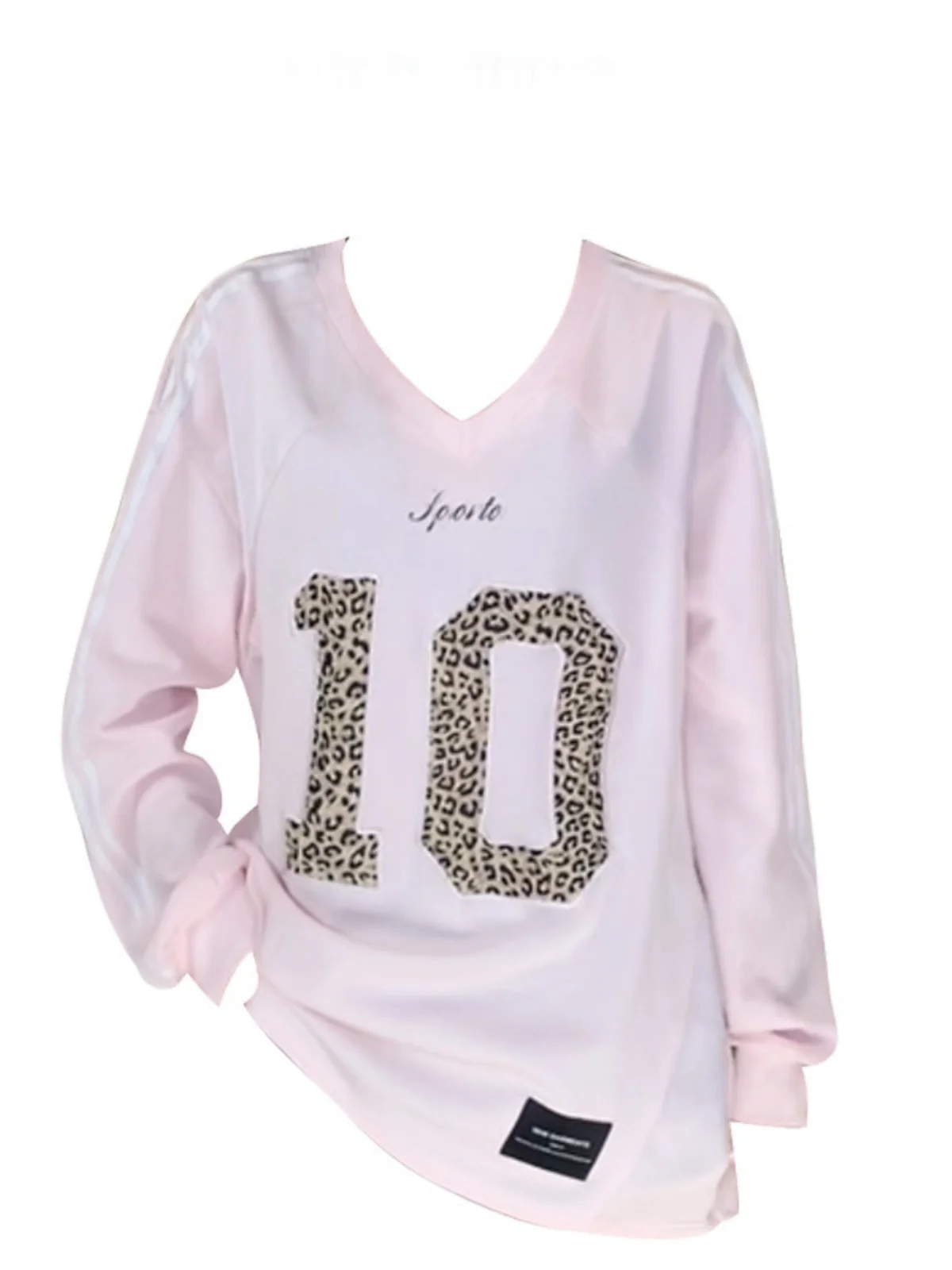 

Американская спортивная футболка с леопардовым принтом и надписью, женская, осенняя, новая, с V-образным вырезом, свободная, повседневная, модная