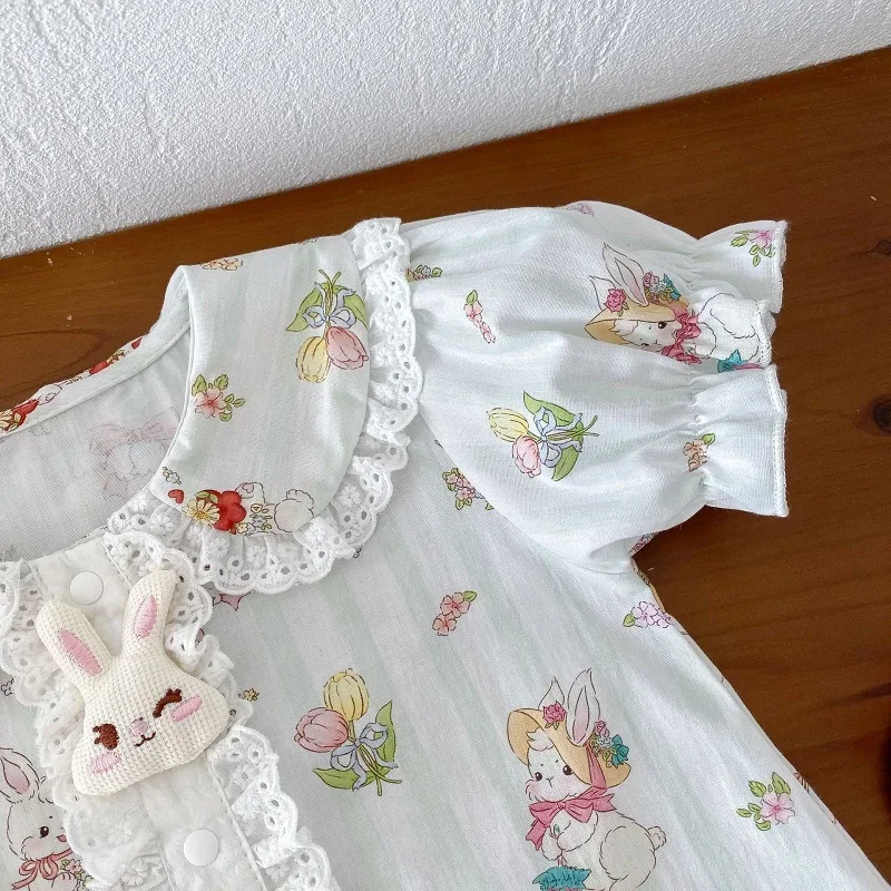 Cute Baby Girl Clothes Summer Newborn Princess Short Sleeve Peter Pan Collar Cartoon Rabbit Pattern Lace Cotton Romper Jumpsuit