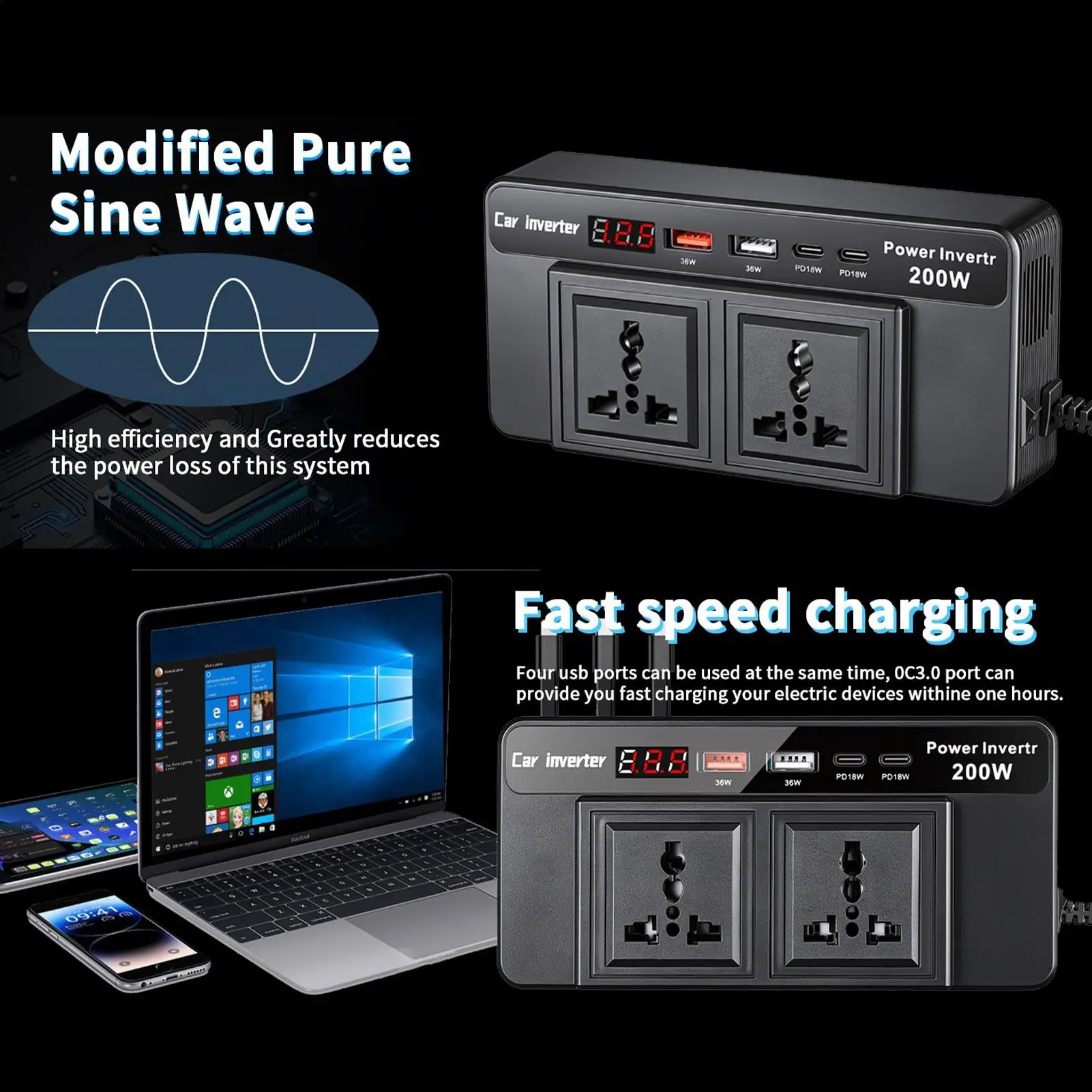 

Автомобильный инвертор напряжения DC 12V в AC 110V, зарядное устройство-преобразователь 200W для телефона, ноутбука, автомобиля, автодома, грузовика, кемпинга, путешествий