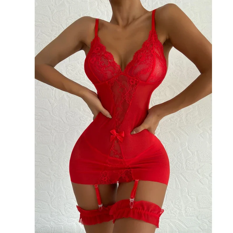 2024 Erotic Sexy Lingerie for Women Nightie Gown Lace Dress Deep V Open Bra Underwear Garter Belt Mesh One Piece Sex Costumes