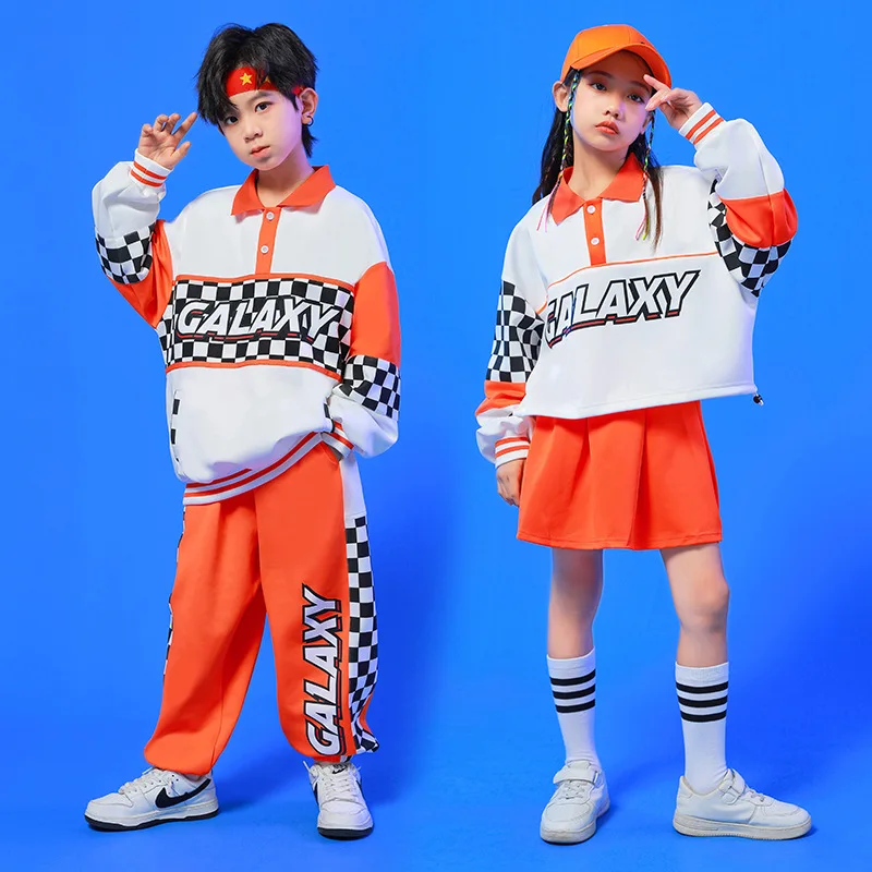 Kid Hip Hop Clothing White Orange Polo Sweatshirt Checkered Jogger Sweat Pants Skirt for Girl Boy Dance Costume Clothes Outfits