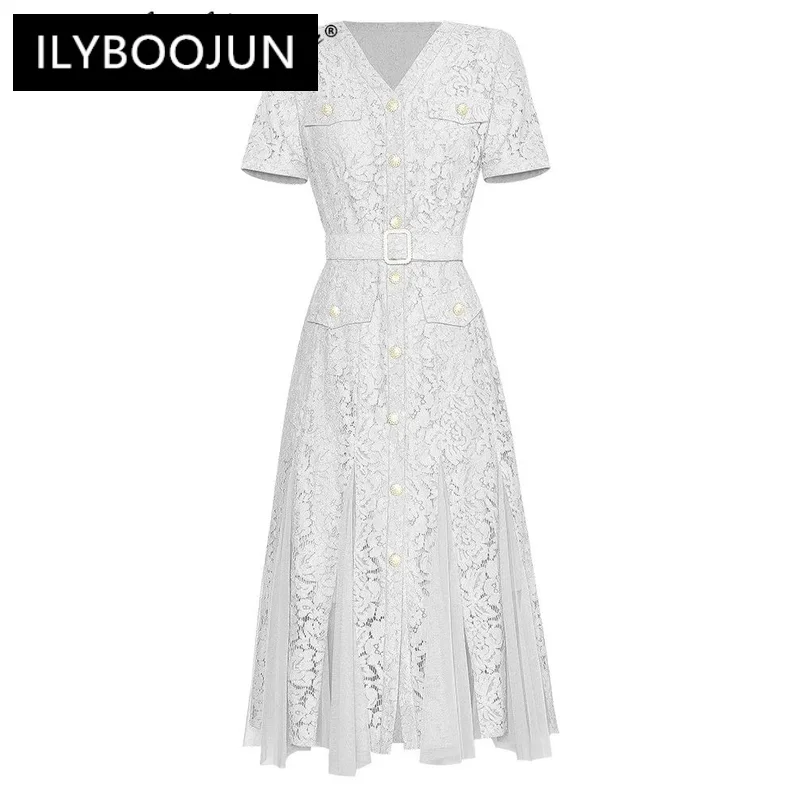 

ILYBOOJUN Fashion Designer Summer Lace Dress Women's V-Neck Short Sleeve Crystal Button Mesh Patchwork Vintage Dresses