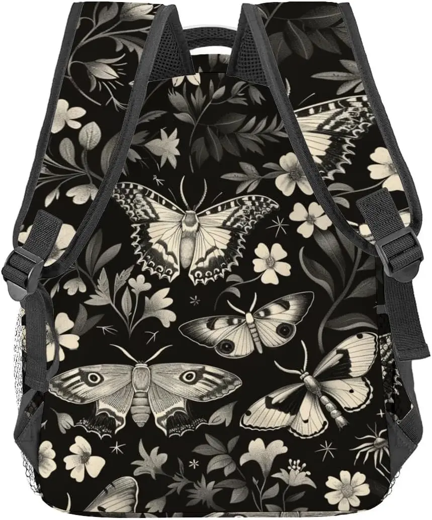 Vintage Moth Rucksack, Schwarz Weiß Gothic Floral Retro Polyester Rucksäcke, Leichter Doppel-Schulter-Rucksack für Frauen, Goth