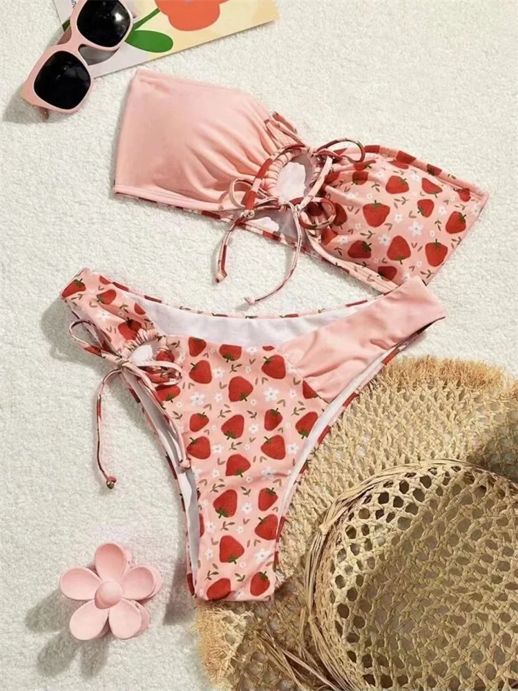 

Patchwork Swimwear Women Bandeau Bikini Strawberry Printed Swimsuit 2025 Bandage Bathing Suit Low Waist Biquini Mujer Beachwear
