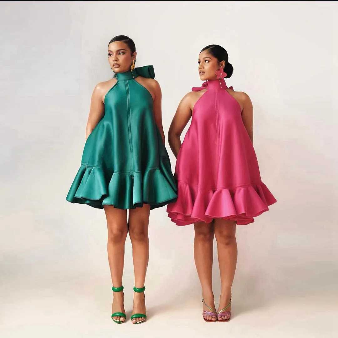 

2025 Summer Black Girl Party Dresses Customized Color Satin Dress Halter Oversize Women Event Gala Dress vestidos de fiesta