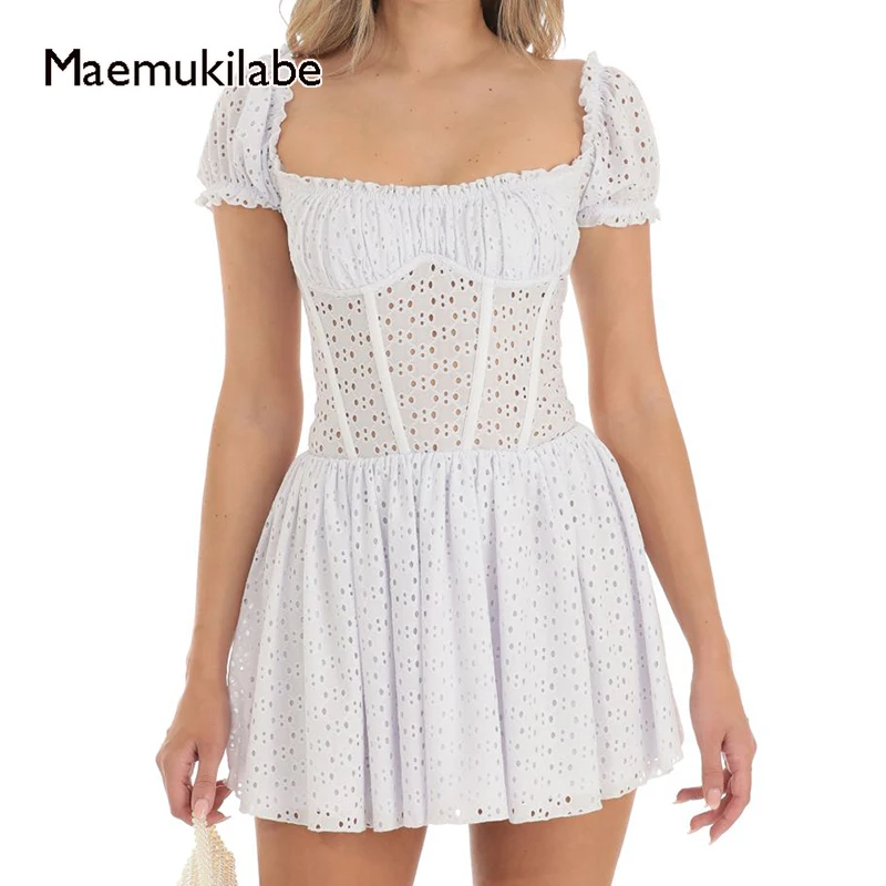 

Maemukilabe Summer Hollow-Out Square Neck Mini Dress Women Fairy Y2K Jacquard Eyelet Backless Tie Up A-line Dress 90s Vintage