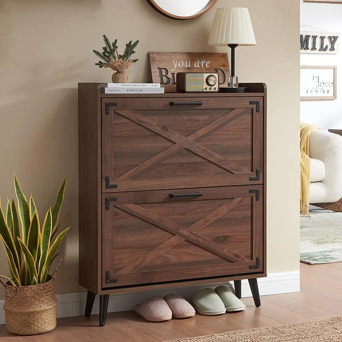 

Shoe Storage Cabinet,Farmhouse Shoe Organizer with 2 Flip Drawers & Barn Door Design,Freestanding Hidden Slim Narrow Sho