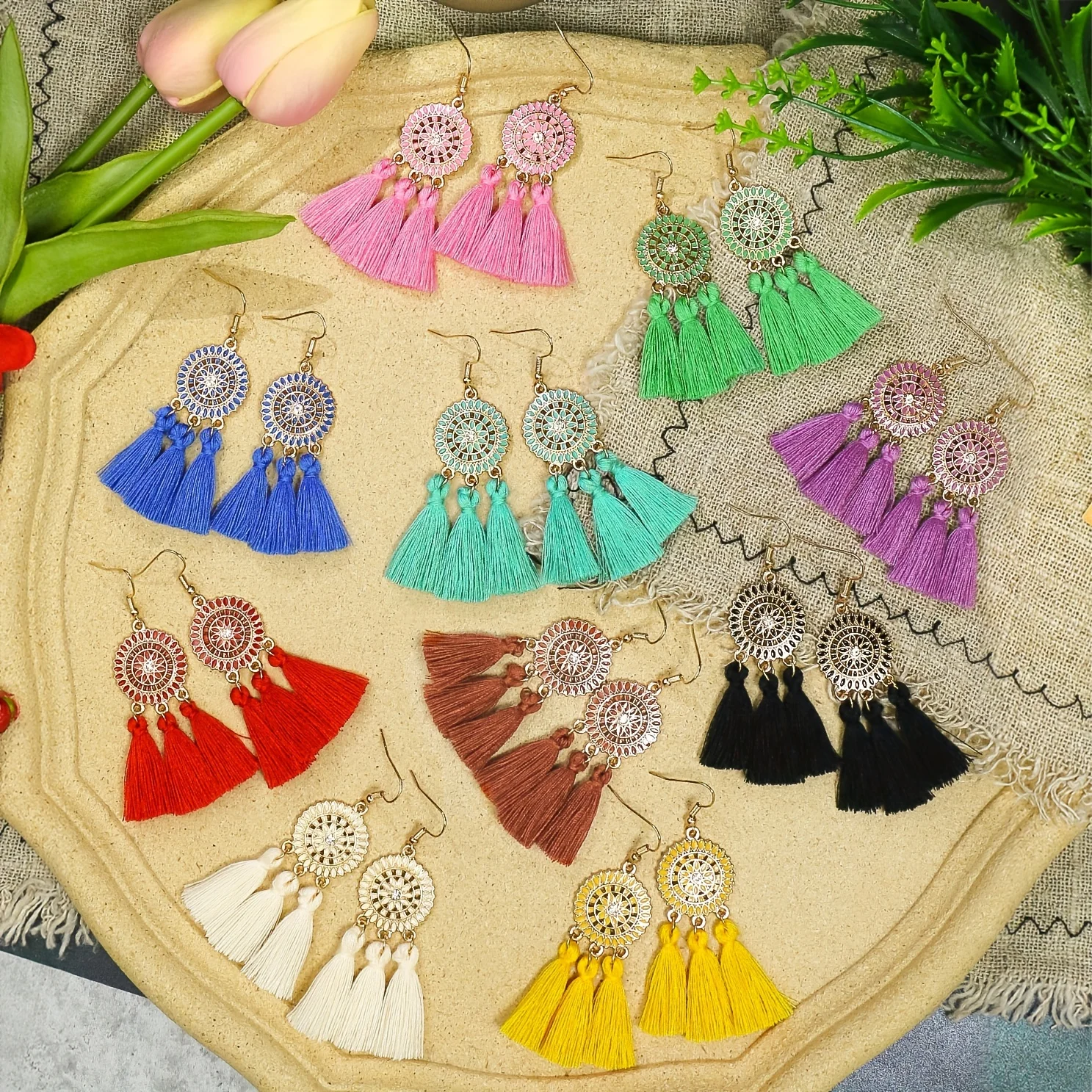 Boho Vacation Style Women Earrings Set Colored Tassel Design Rhinestone Inlay Round Earrings Court Style Jewelry Gifts