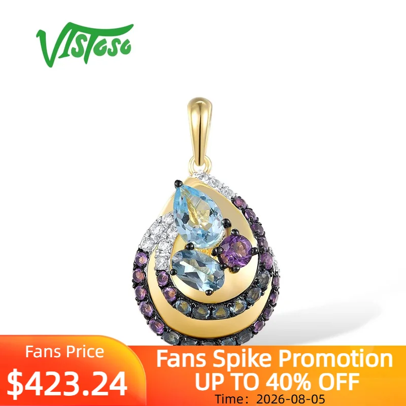 VISTOSO Real 14K 585 Yellow Gold Pendant For Women Sparkling Diamonds Multi Gems Wedding Anniversary Gift Delicate Fine Jewelry