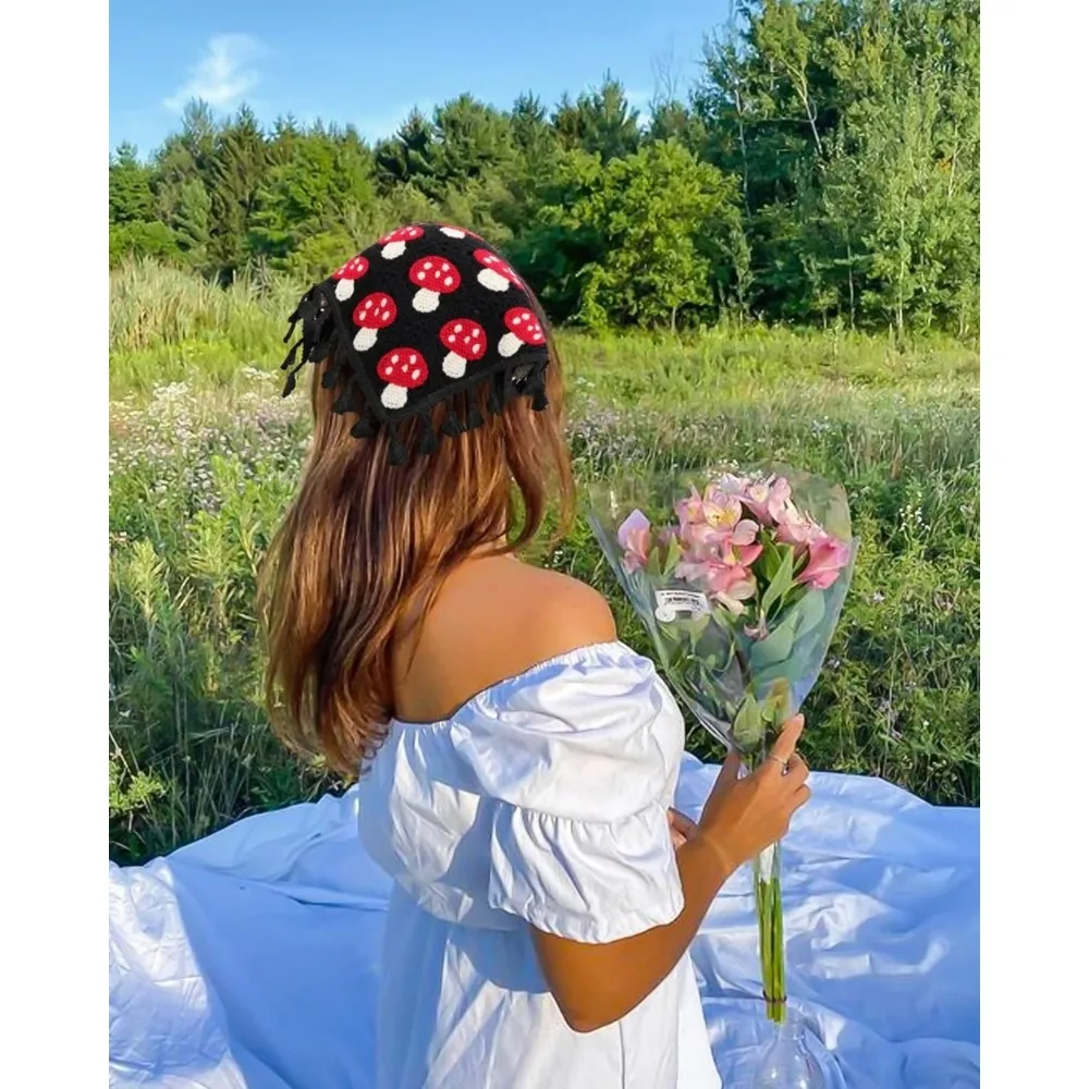 Вязаные крючком банданы для волос с цветочным принтом, платок из 2 предметов, женский шарф для волос, повязка на голову с ромашками, винтажный платок на голову для девочек