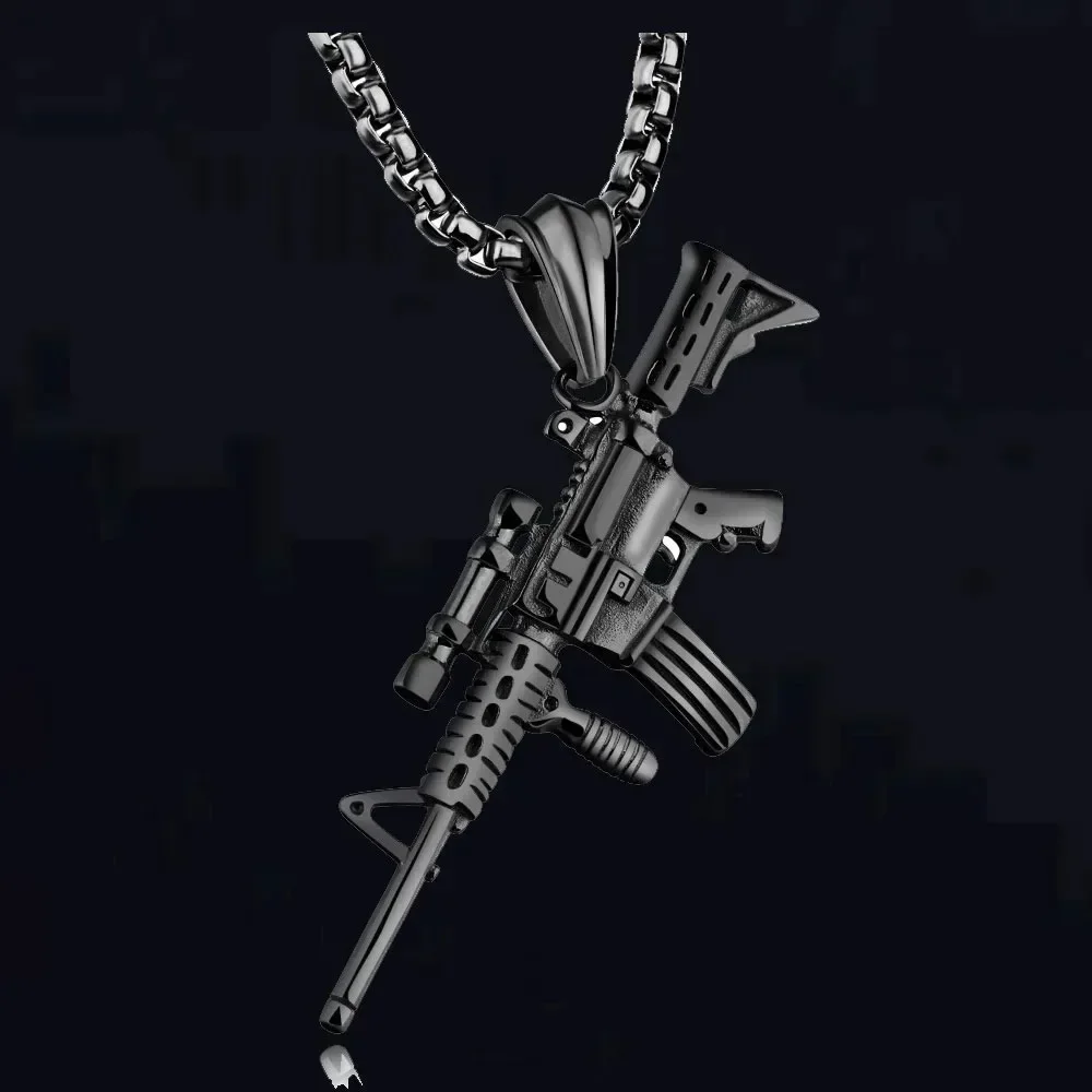 Men Hip Hop Gun Pendant Necklace AK47 Uzi Submachine Gun Shape Trendy Party Jewelry Gift for Him