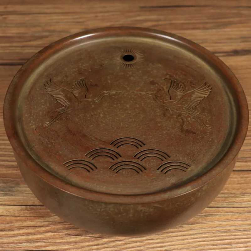 Pure copper , dry brewing platform, ceremony round water storage tea tray, craft featuring cranes, koi fish, lotus f