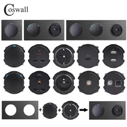 COSWALL R12 Black Aluminum Panel Wall Switch EU French Socket USB Charger Female TV RJ45 CAT6  Modules DIY Free Combination