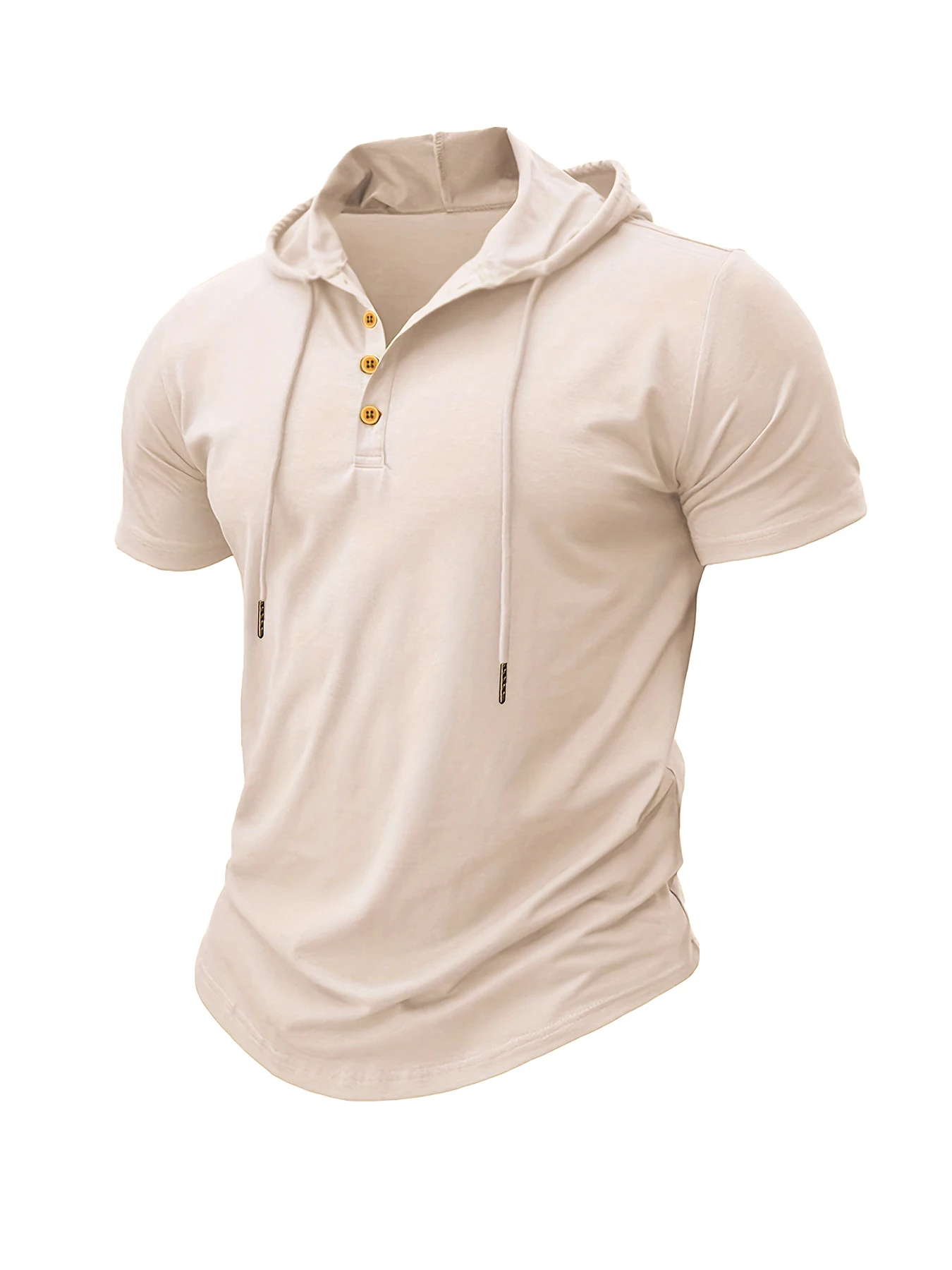 Men Short Sleeve Hooded T Shirts Henley Quarter Button Placket Drawstring Hood Casual Lightweight Athletic Tops