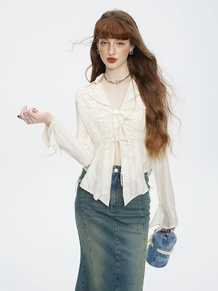 Shirts Women Shinny Temperament All-match Aesthetic Cozy Sexy Fashion Janpanese Style Daily Streetwear Simple Turn-down Collar