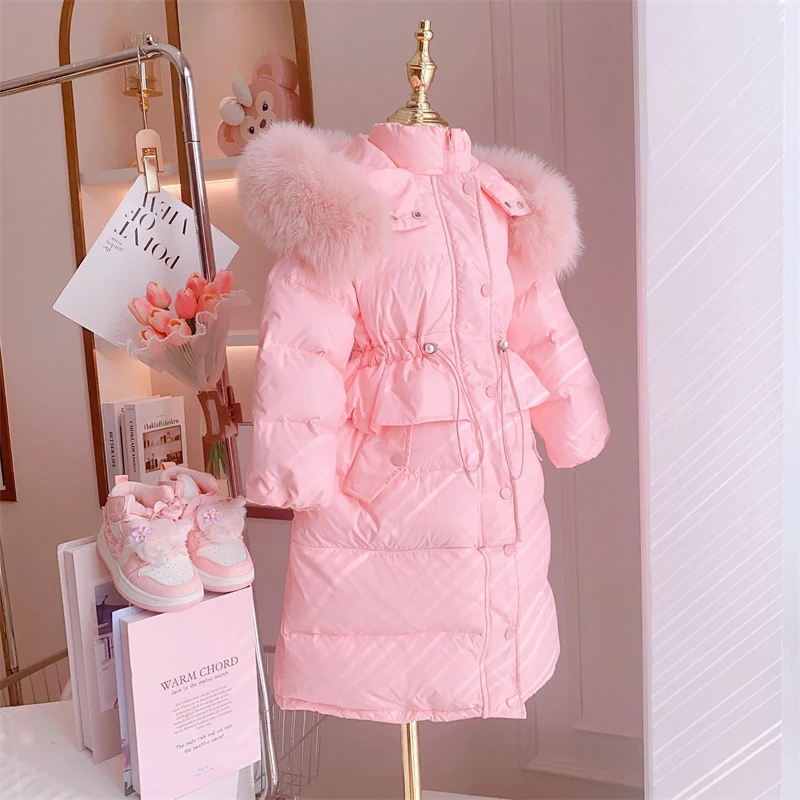 2023 Winter Girls Sweet Long Down Jackets Hooded Big Fur Collar Kids Parkas Children Clothes Girls Windproof Thicken Warm Coats