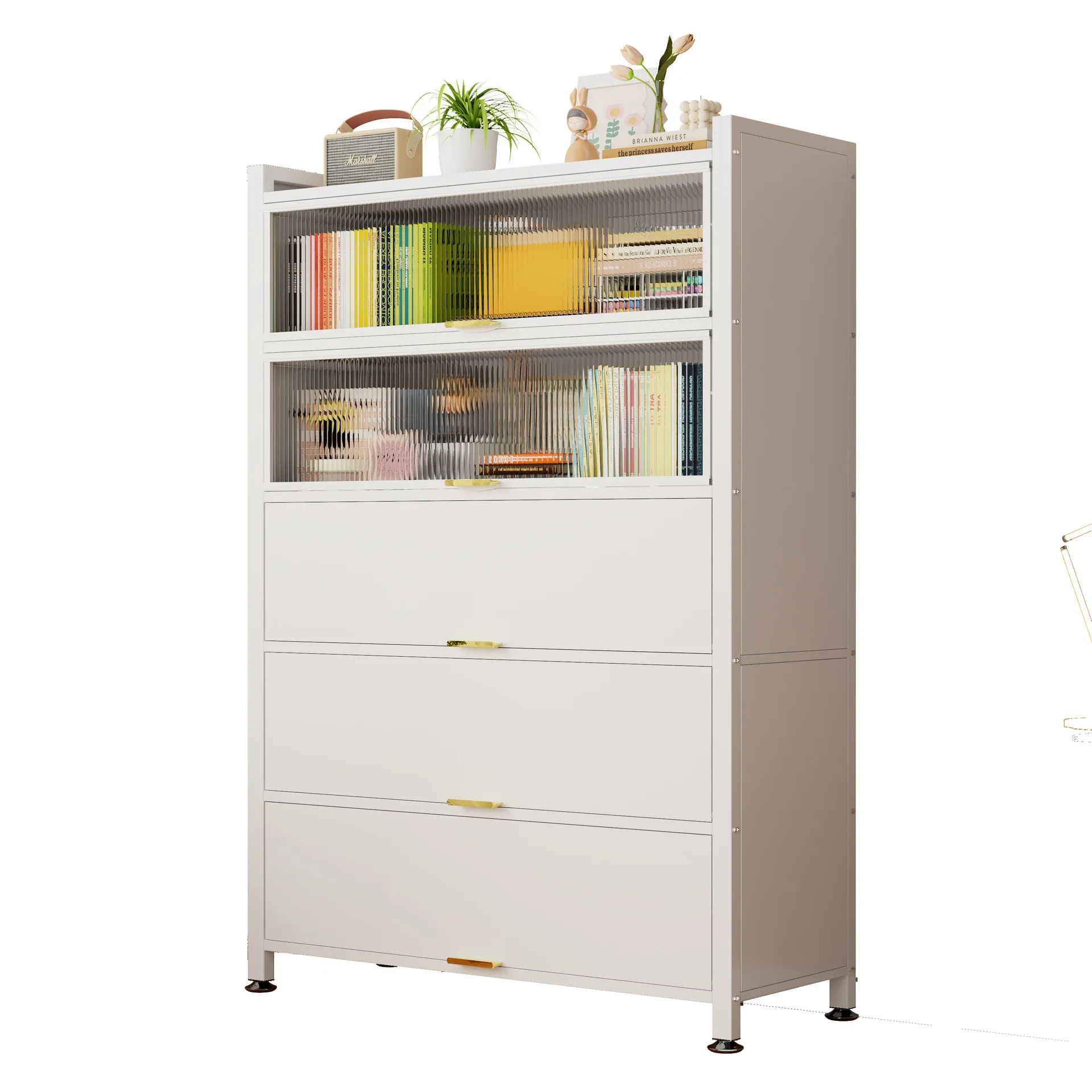 Household steel bookcase Children's dust-proof bookshelf with door shelf Storage cabinet Living room multi-layer floor