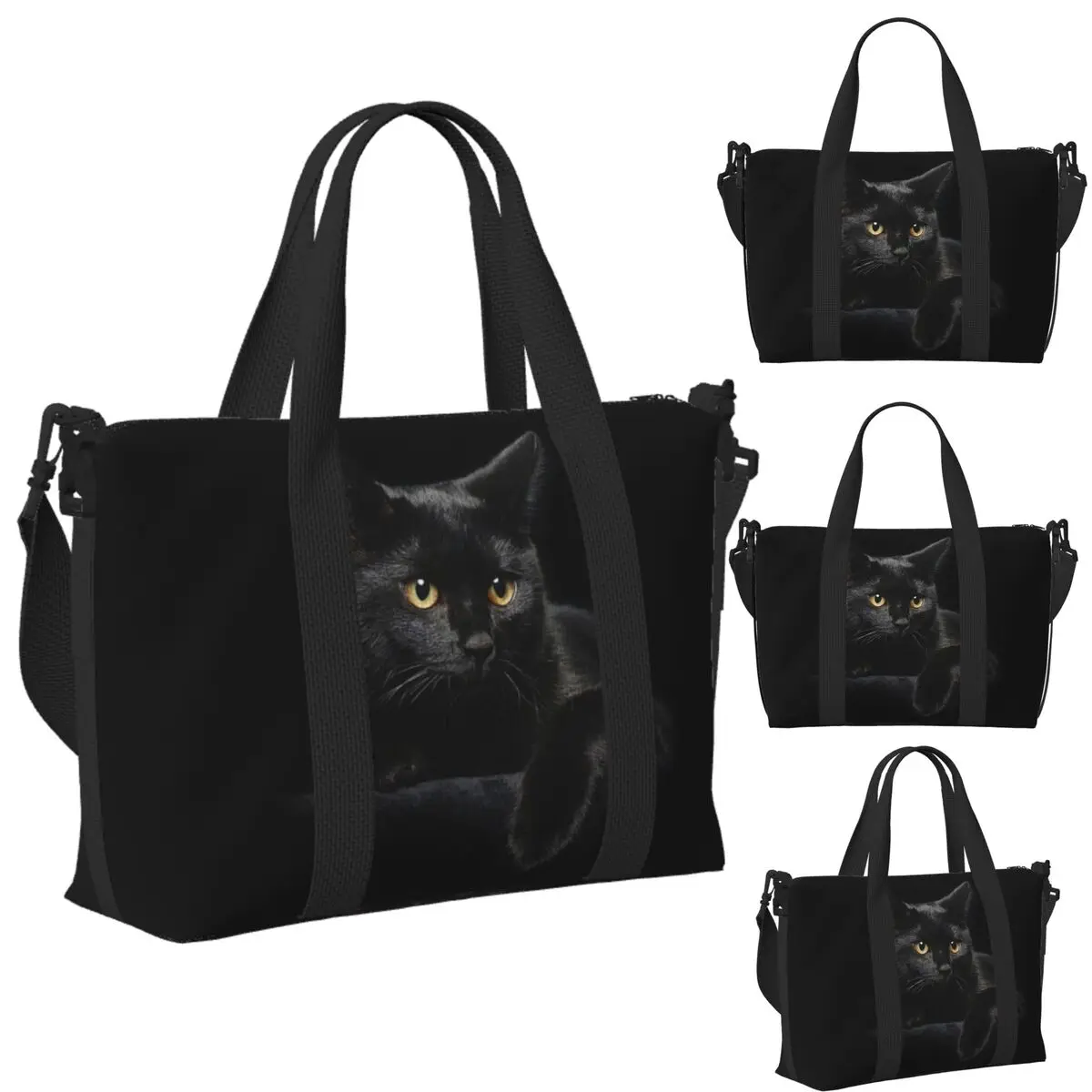 

Custom Black Cat Beach Travel Bag Large Capacity Tote Bags for Gym Sport Women Shopping Duffle Shoulder Bag