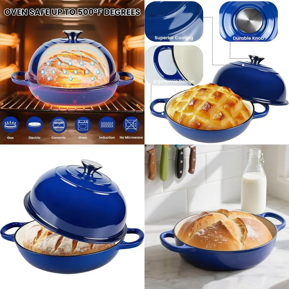

Blue 6-Quart Enameled Cast Iron Bread Pot with Dome Lid, Oven-Safe up to 500°F