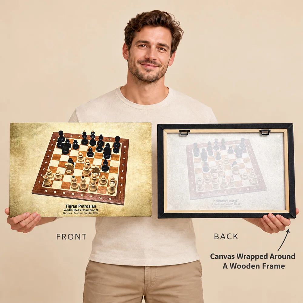Tigran Petrosian Chess Champion Gallery Wrapped Canvas Print Customized Photo Vintage Annotated Board Wall Art For Game Room