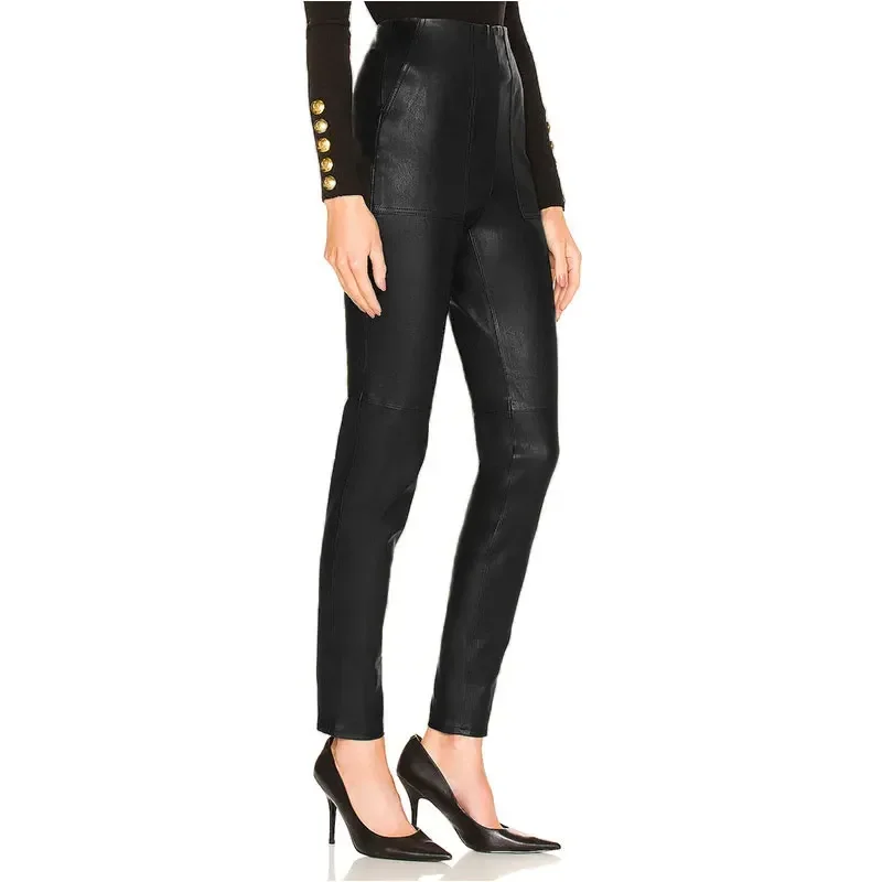 Matte Black Faux Leather Legging Women Casual Back Zip Stretch Pencil Pants Office Lady High Waist Slim PU Pants Clubwear Custom