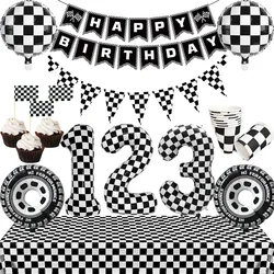 Black & White Checkered Flags Race Car Happy Birthday Banner Tablecloth Kids Boys Racing Car Birthday Party Decorations Supplies