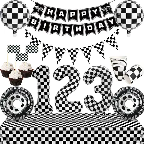 Black & White Checkered Flags Race Car Happy Birthday Banner Tablecloth Kids Boys Racing Car Birthday Party Decorations Supplies