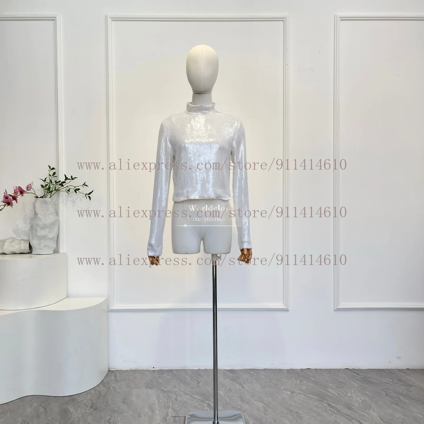 

White Sequin Turtleneck Women Long Sleeve Back Zipper Glitter Party Club Top