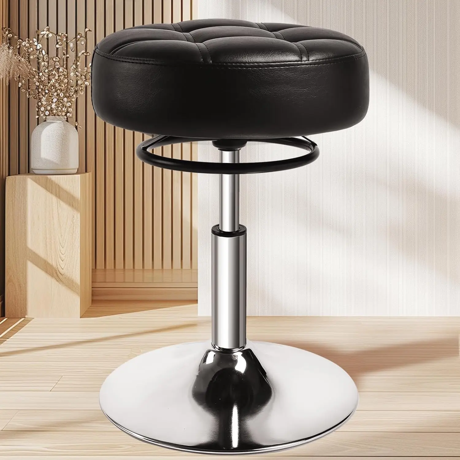 

Adjustable Ottoman Vanity Stools - 360° Swivel Height Adjustable，Comfortable Faux Leather，Rubber Protective Floor Makeup Stool