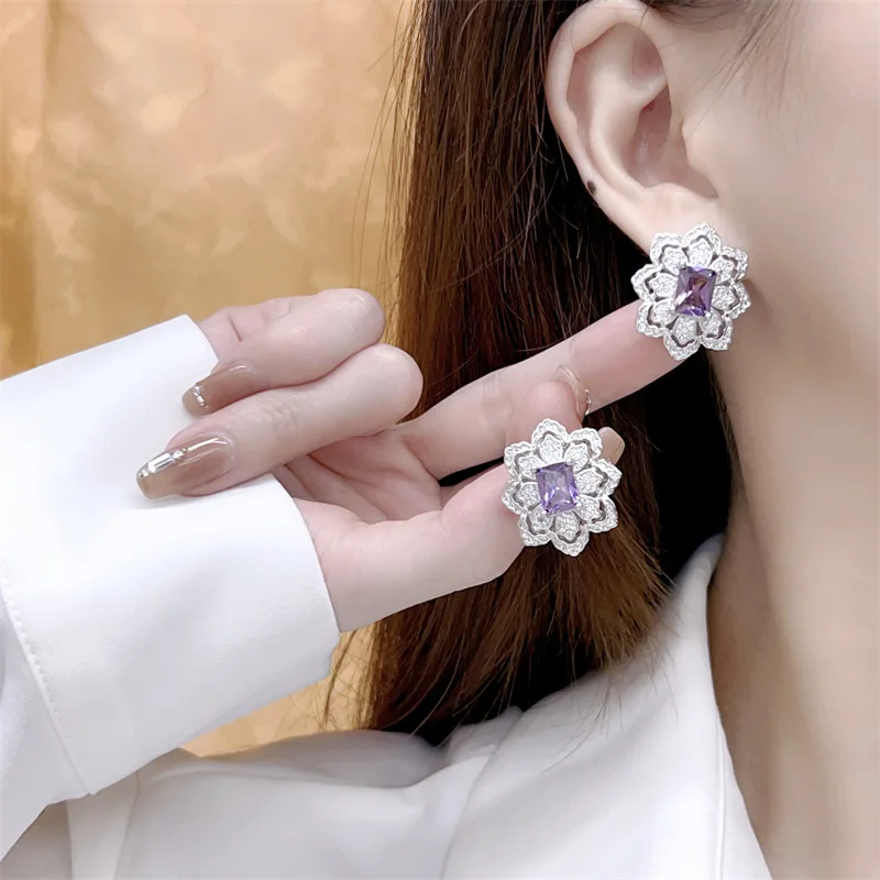 Women\'s Fashion Jewelry Sterling 925 Silver Purple Zircon Pendant Necklace Earrings Ring for Women Elegant Wedding Jewelry Set