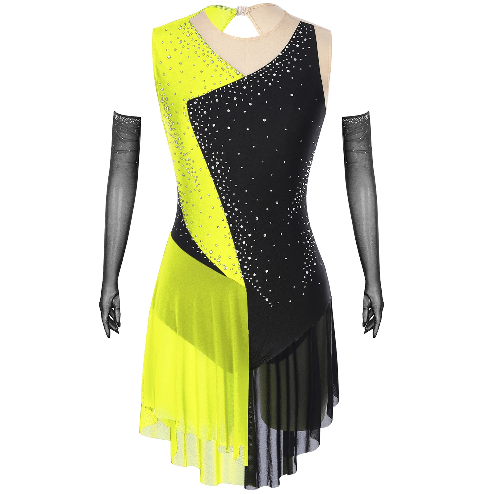 

Women Rhinestones Rumba Dance Dress Costumes Latin Jazz Tango Modern Dancewear Asymmetrical Leotard Dress And Mesh Gloves Sets