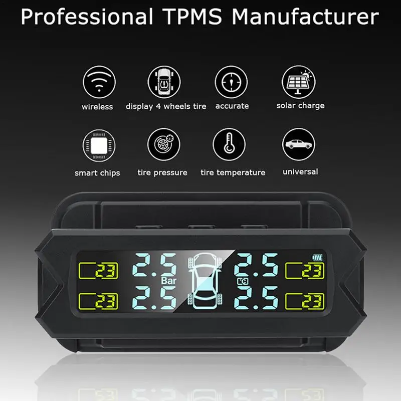 TY08 Tpms Wireless Tire Pressure Monitoring System Solar Power Clock LCD Display 4 External Sensor Tire Pressure Sensors