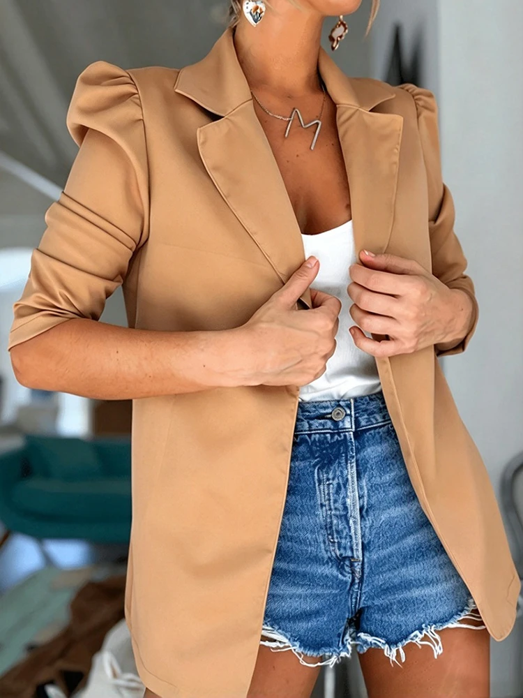 Simple Solid Color Buttonless Office Commuting Jacket Fashion Collar Bubble Sleeve Outwear 2026 Autumn Comfortable Outdoor Coat