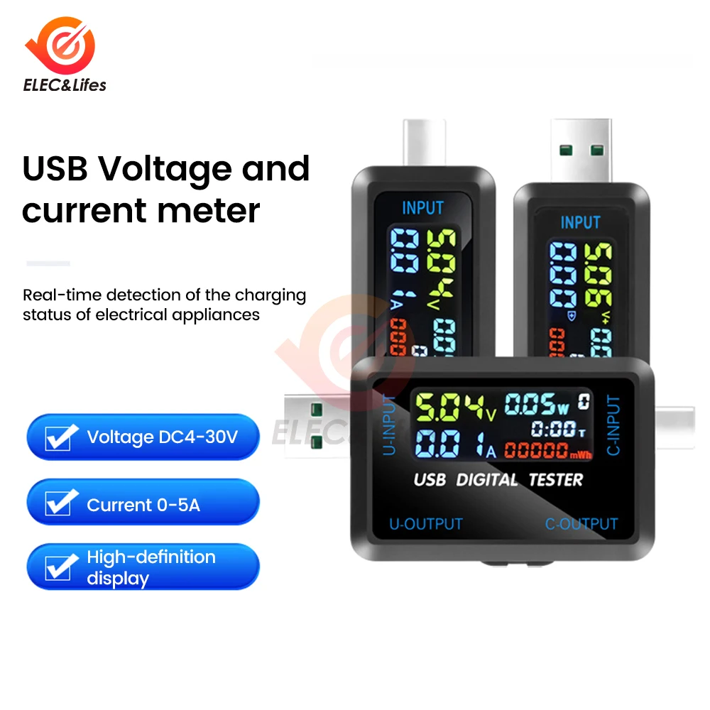 Type-C USB Tester DC Digital Voltmeter Amperimetor Voltage Current Meter Ammeter Detector Power Bank Charger Indicator 0-8A